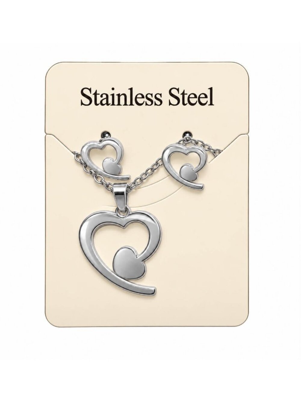 Silver Stainless Steel Heart Necklace and Earring Set